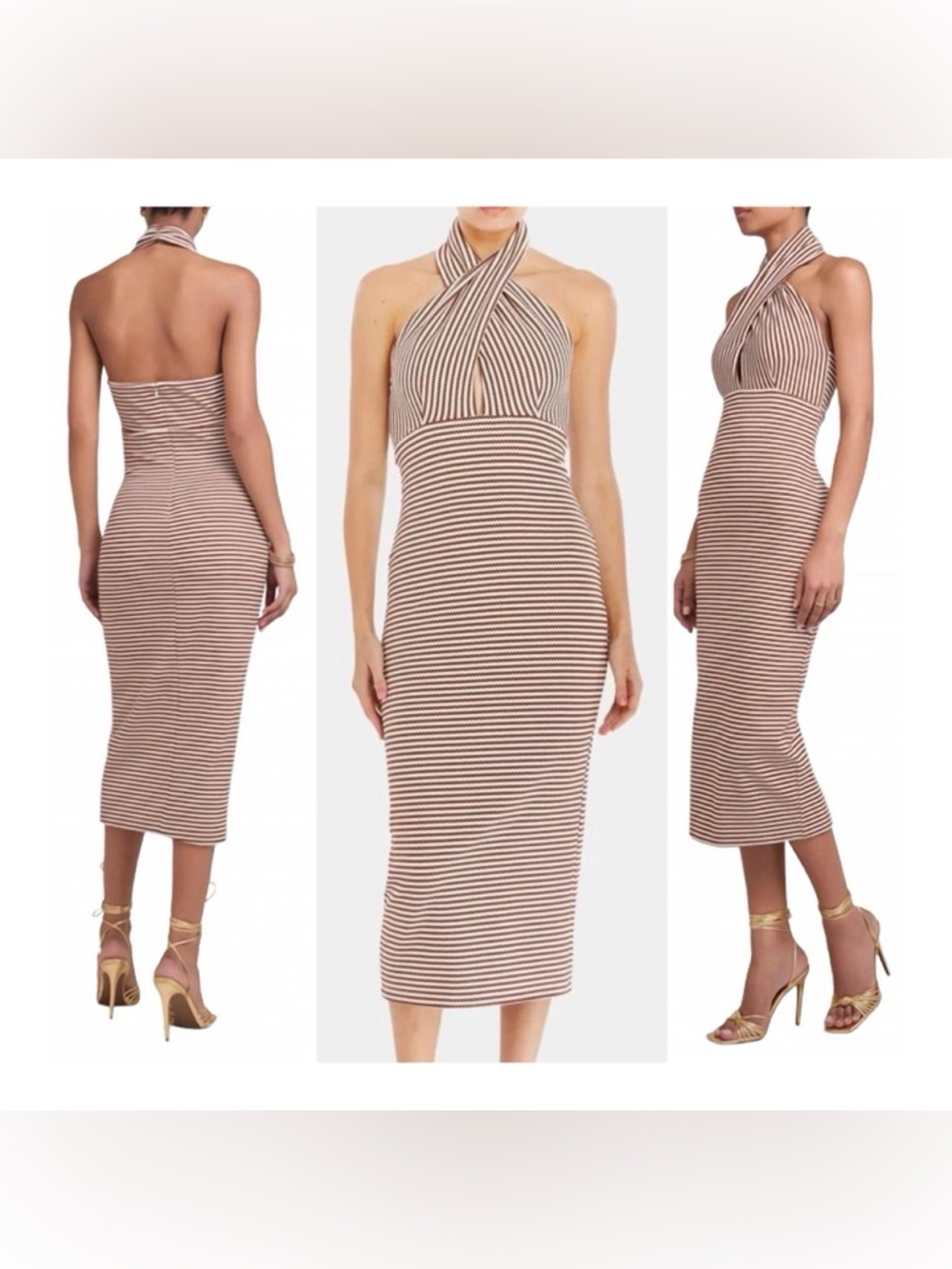 Amanda Uprichard Conchette Brown and White Striped Halter Bodycon Midi Dress NWT